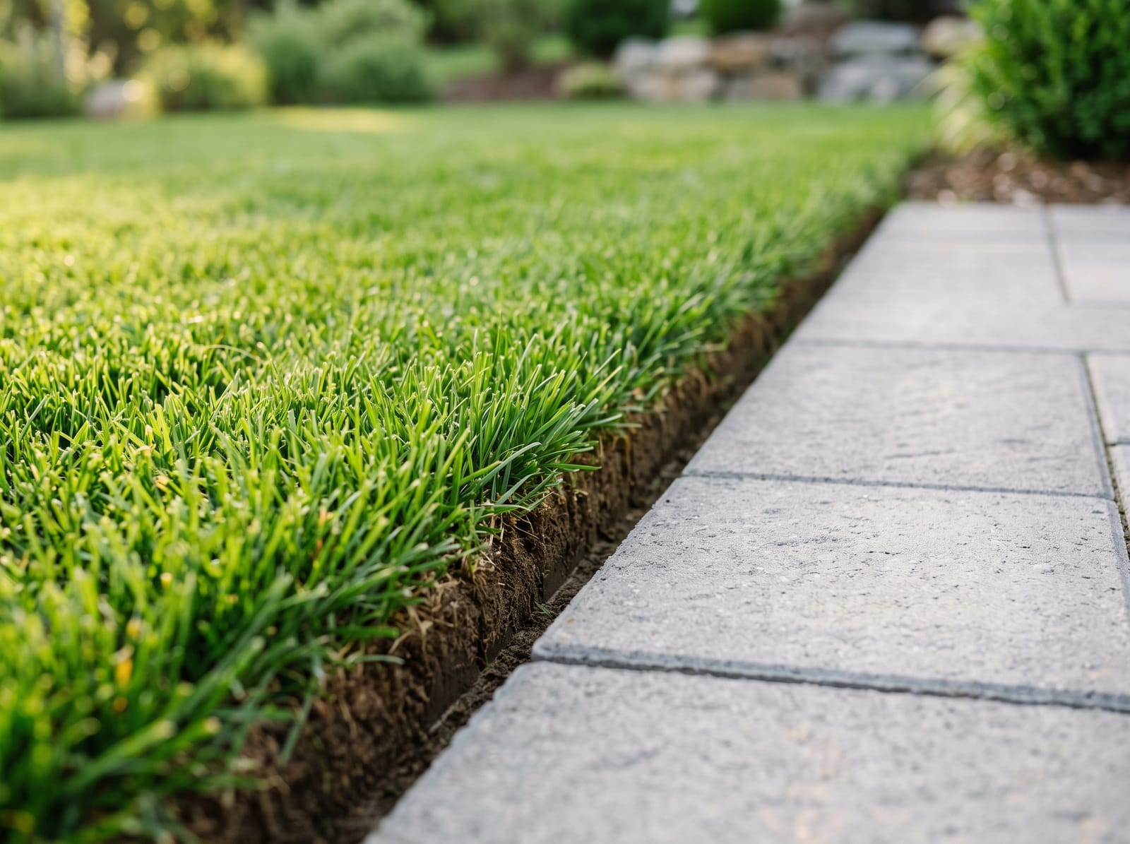 Crisp, freshly cut lawn edge where green grass meets a paver walkway