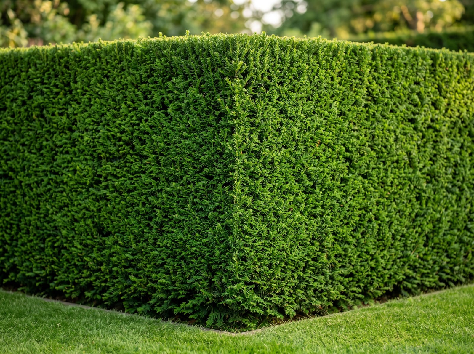 Neatly trimmed, sharply shaped green hedge beside a manicured lawn