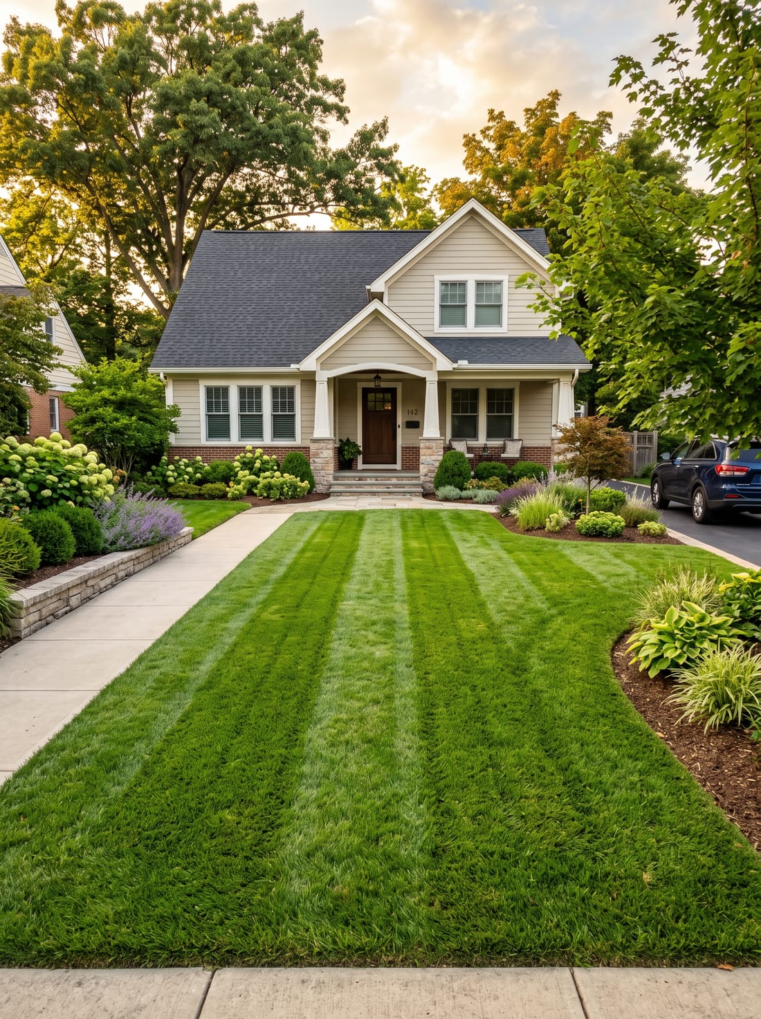A freshly mowed, striped residential lawn maintained by Simple Cut Lawn Care